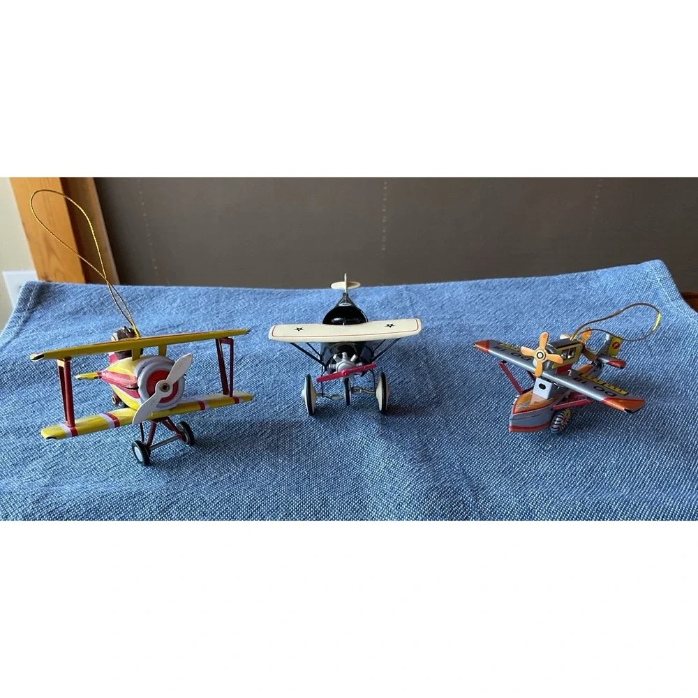 Vtg Tin/Metal Toy Ornaments Airplanes Lot Of 3 * Bi-Plane* Black Hawk * Seaplane